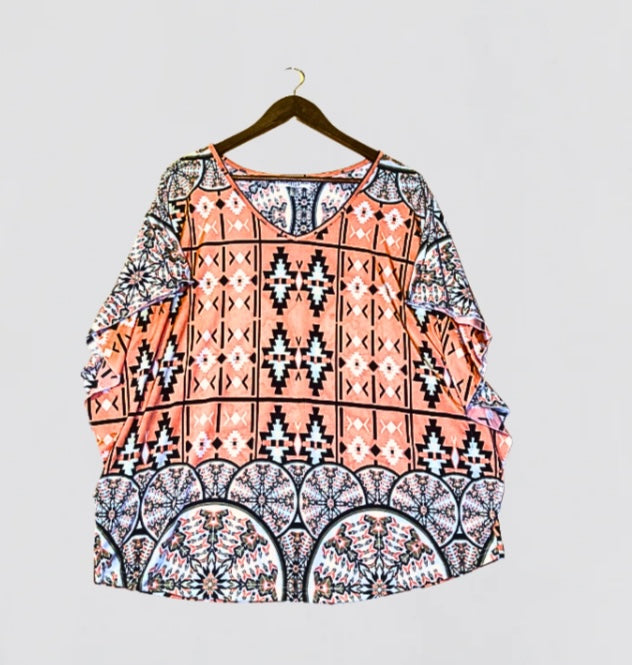 Stem & Vine EUC Coral Print Lightweight Blouse M