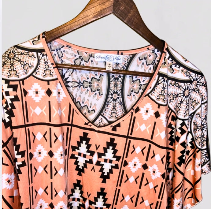 Stem & Vine EUC Coral Print Lightweight Blouse M